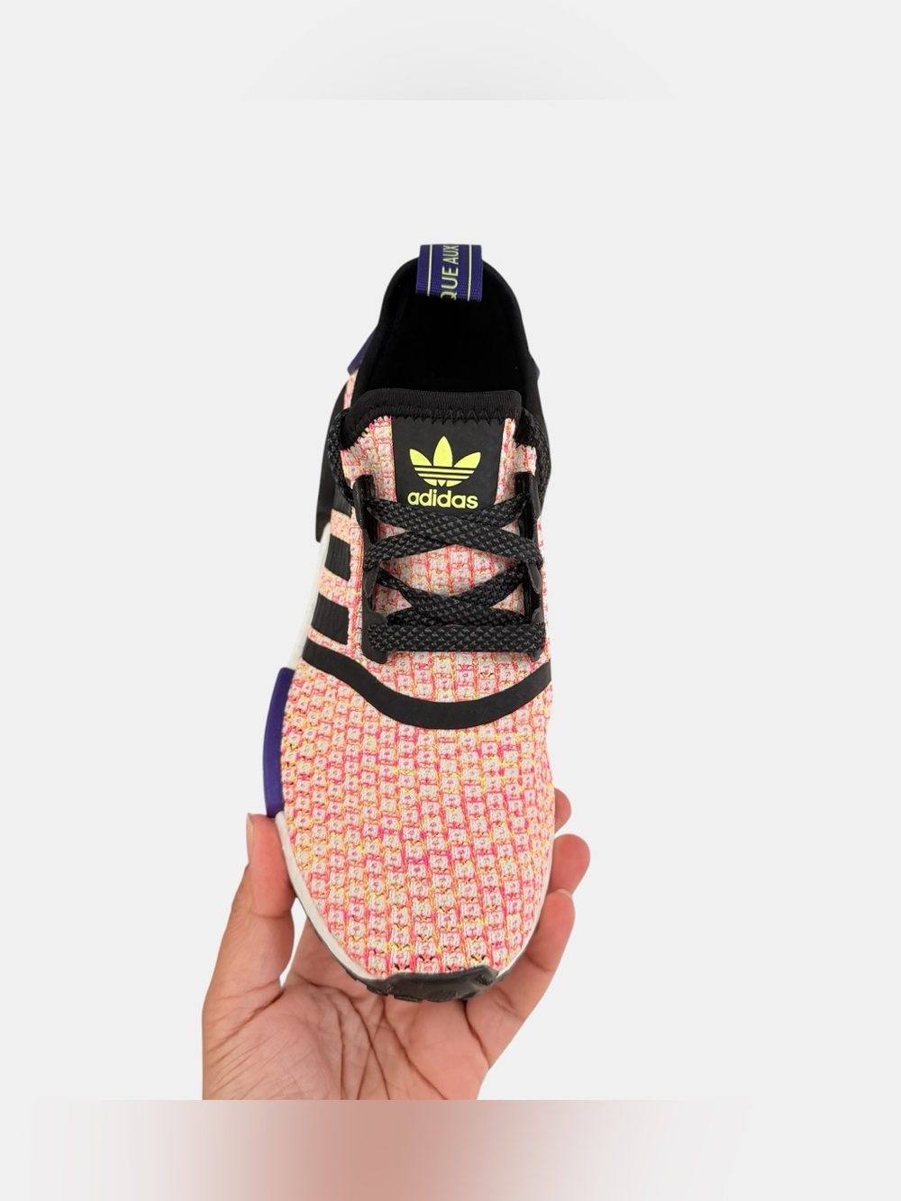 Adidas NMD R1 Solar Yellow Woven Sneakers with Purple Accents Size 5Y/ 6 Women - Picture 4 of 7